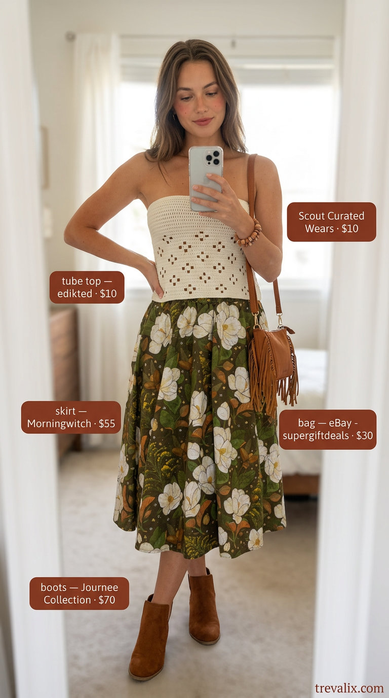 Boho tube top outfit with floral midi skirt and suede boots. Trendy summer tube top outfits 2026.