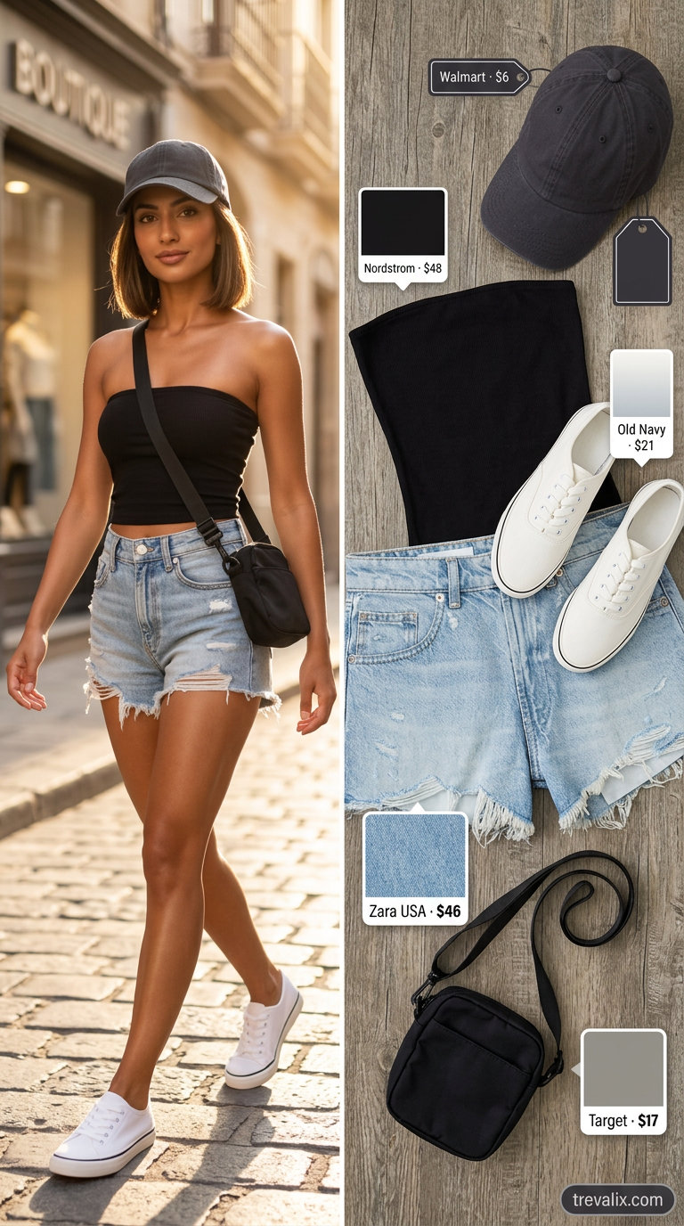 City explorer outfit with distressed denim shorts and black tube top. Trendy summer tube top outfits 2026.