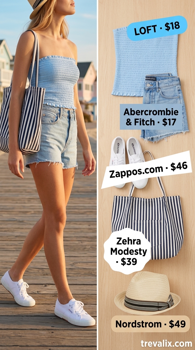 Sky blue tube top, denim shorts, and straw hat for casual beach town visit. Trendy summer tube top outfits 2026.
