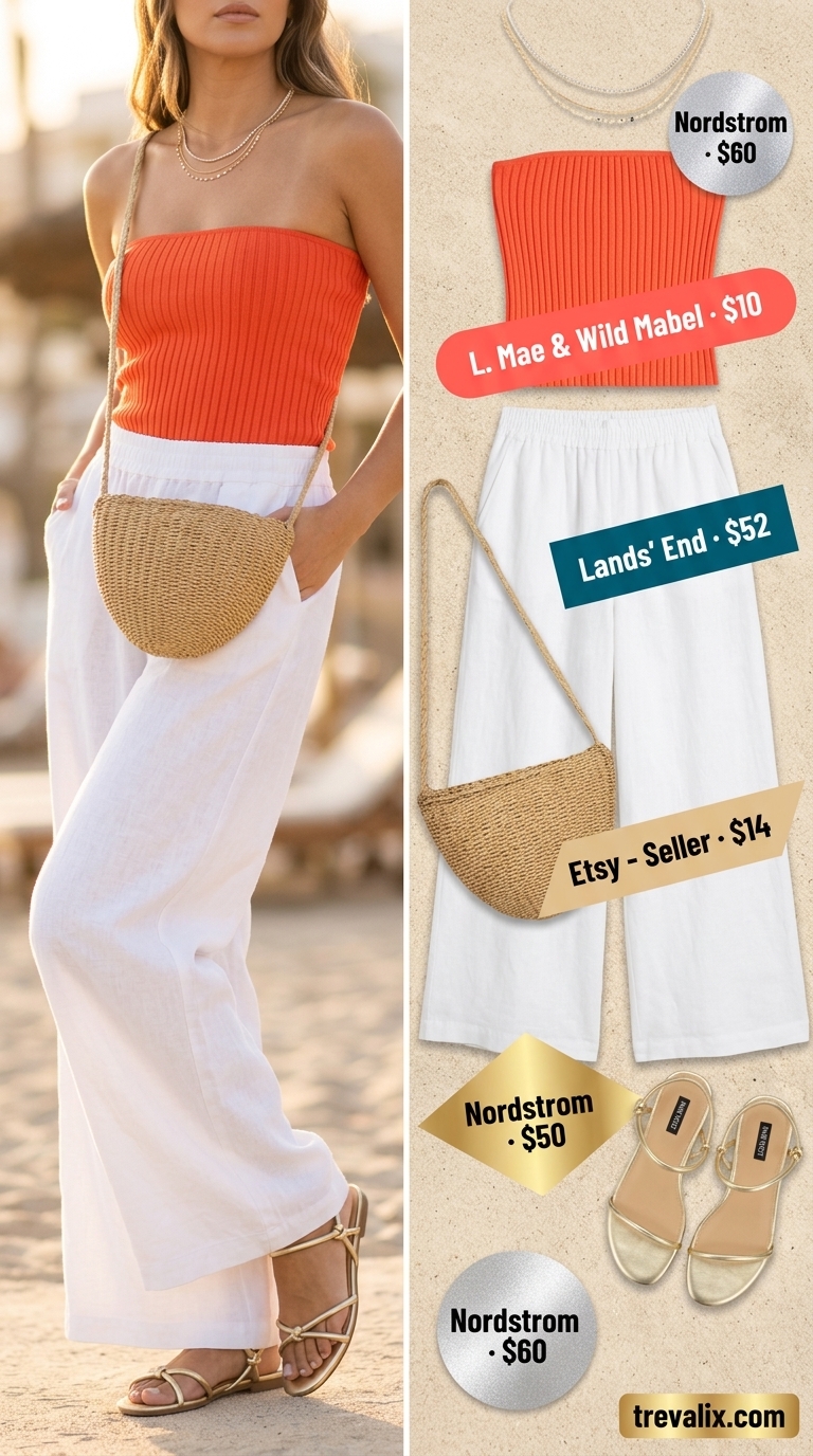 Trendy summer tube top outfits 2026: Coral tube top with white palazzo pants and straw bag for a summer evening.