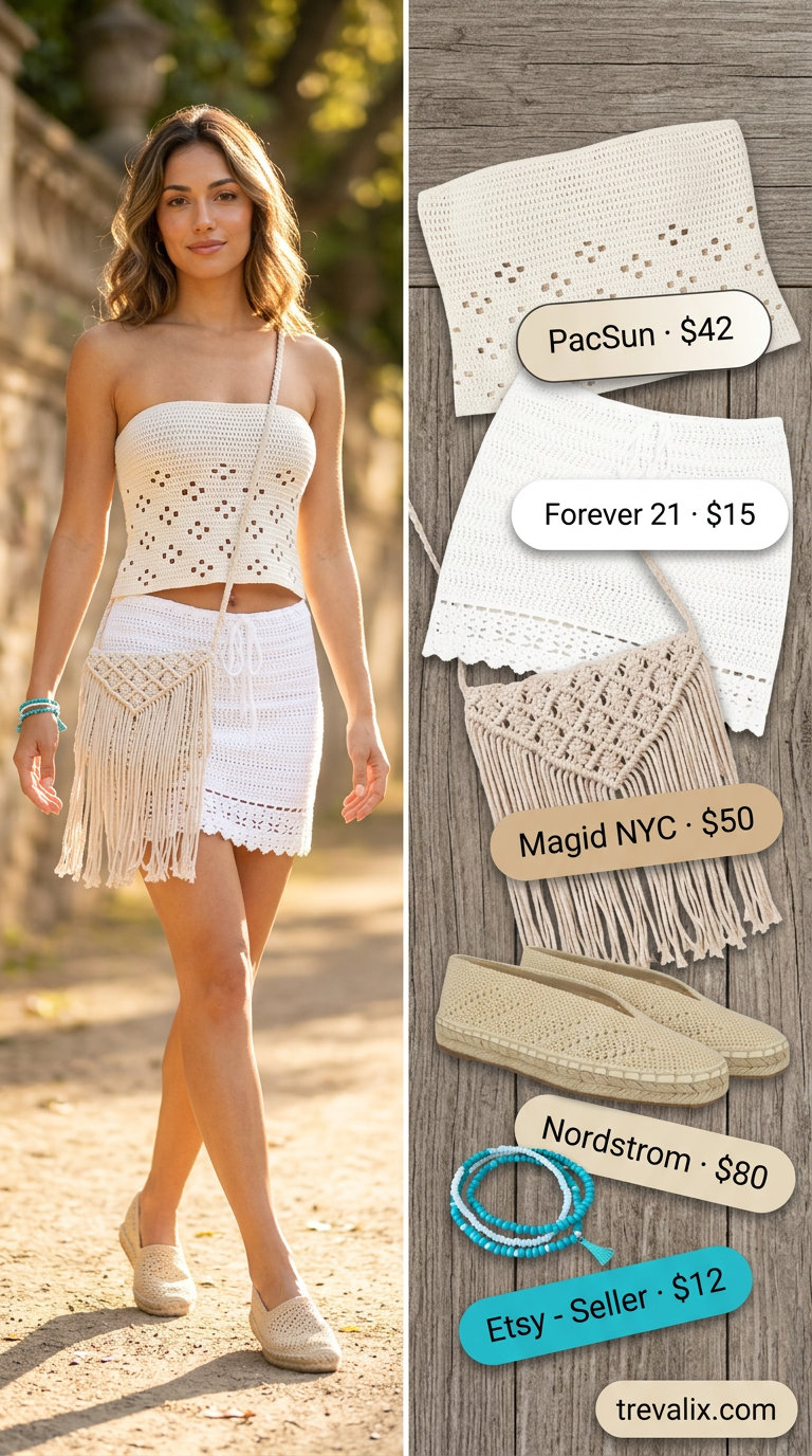 Trendy summer tube top outfits 2026: White crochet tube top with matching skirt and espadrilles for a beach day.