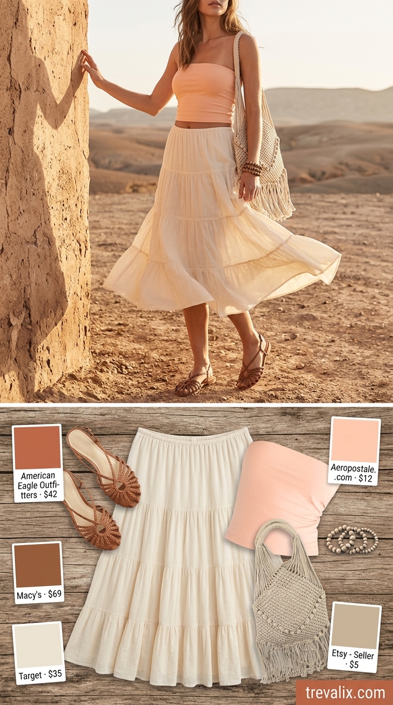 Terracotta tube top and tiered midi skirt for a warm afternoon outing or outdoor market. Trendy summer tube top outfits 2026.