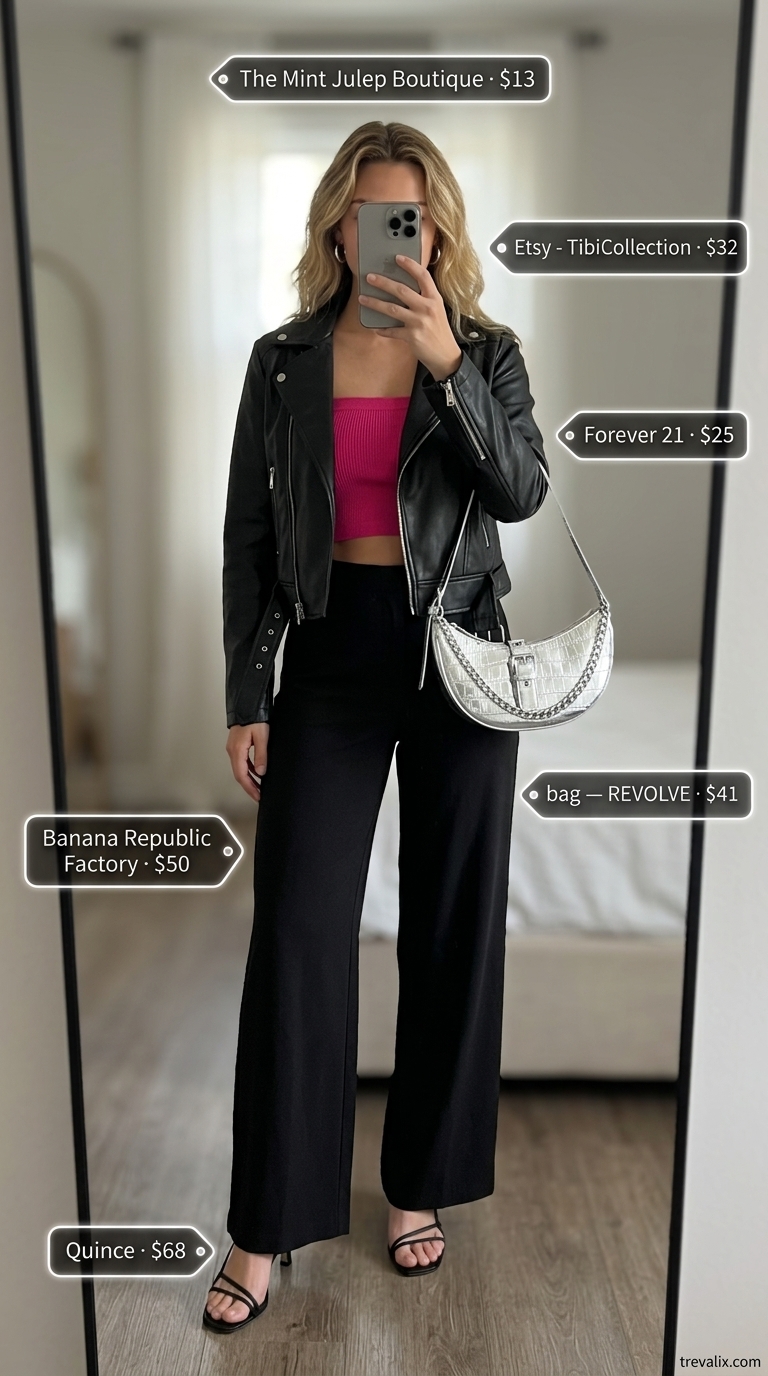 Trendy summer tube top outfits 2026: Fuchsia tube top with black trousers and moto jacket for a night out.