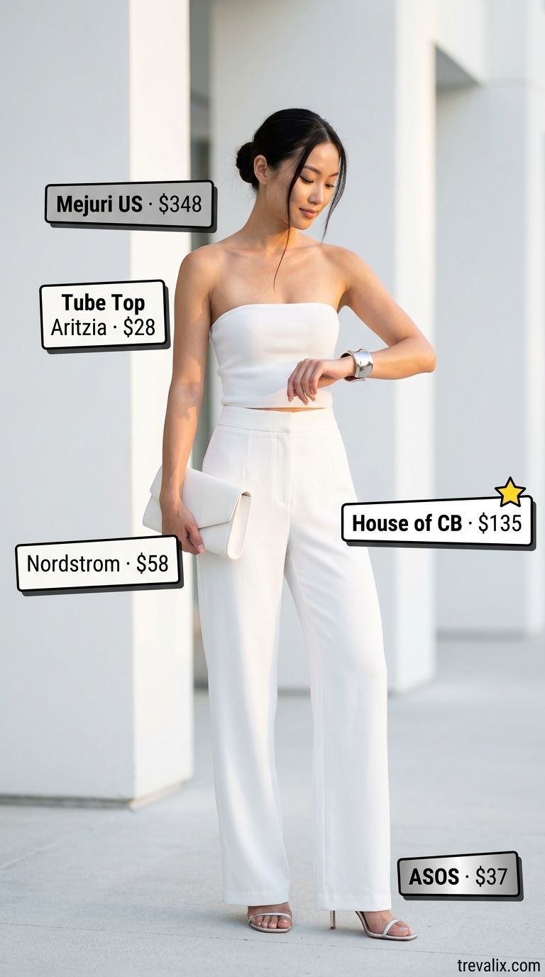 Monochrome white tube top outfit with wide-leg trousers. Trendy summer tube top outfits 2026.