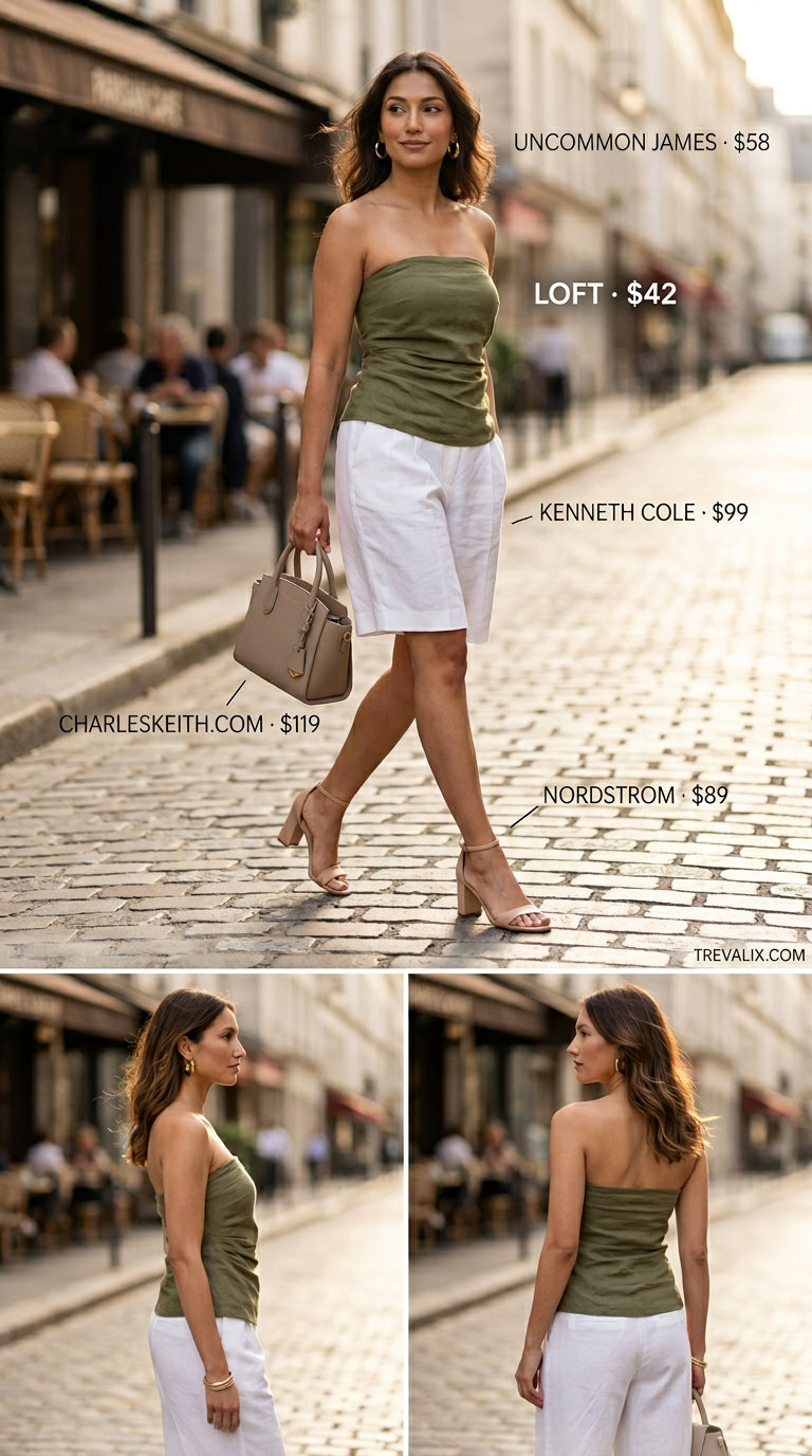 Trendy summer tube top outfits 2026: Olive green linen tube top with white Bermuda shorts and gold hoops for a chic luncheon.