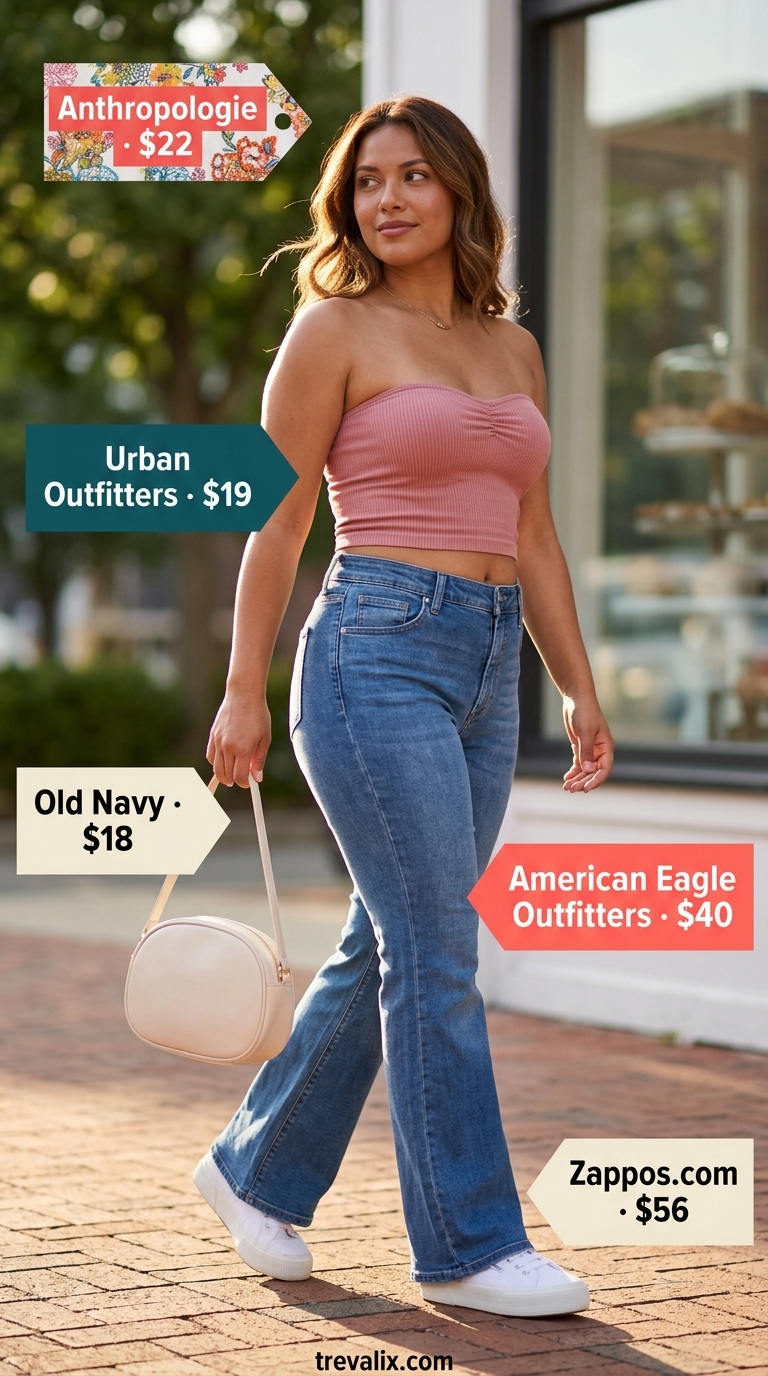 Pastel pink tube top, flared jeans, and platform sneakers for a retro summer vibe. Trendy summer tube top outfits 2026.