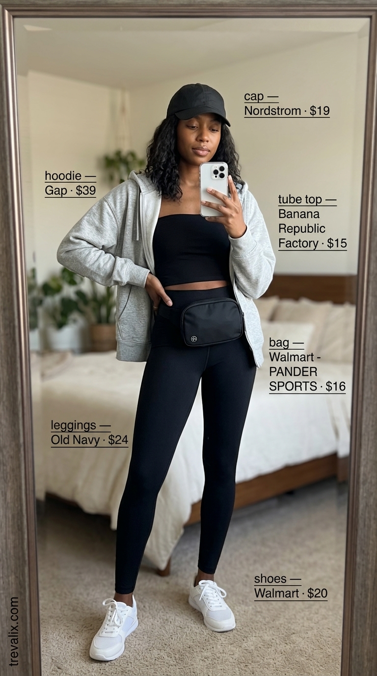Black tube top, leggings, and oversized hoodie for a sporty casual look. Trendy summer tube top outfits 2026.