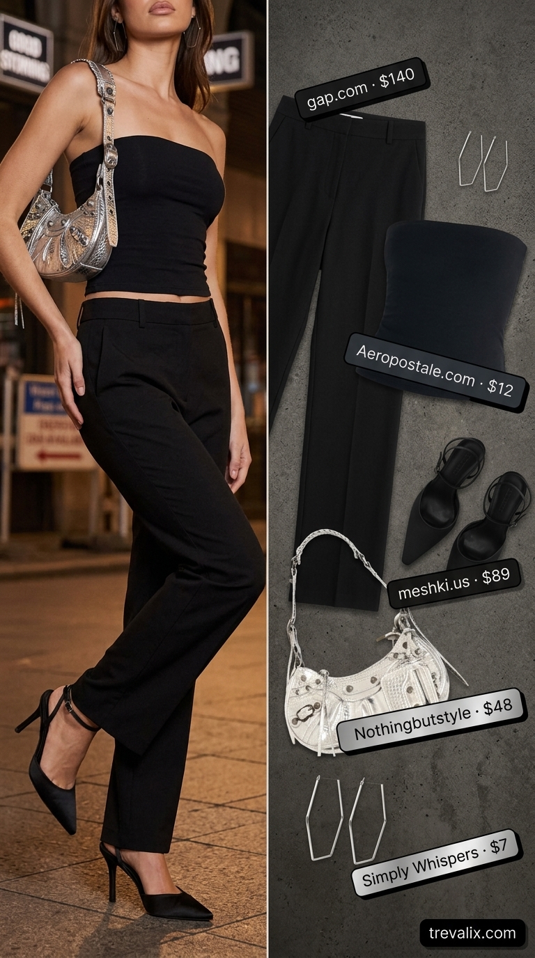 Black tube top, tailored trousers, and silver accessories for a sophisticated city evening. Trendy summer tube top outfits 2026.