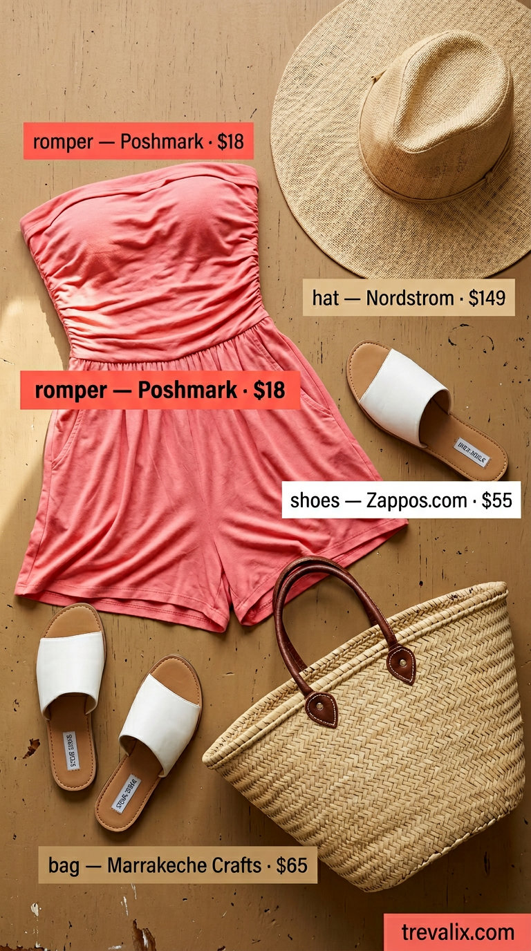 Coral tube top romper for vacation or a casual summer outing. Trendy summer tube top outfits 2026.