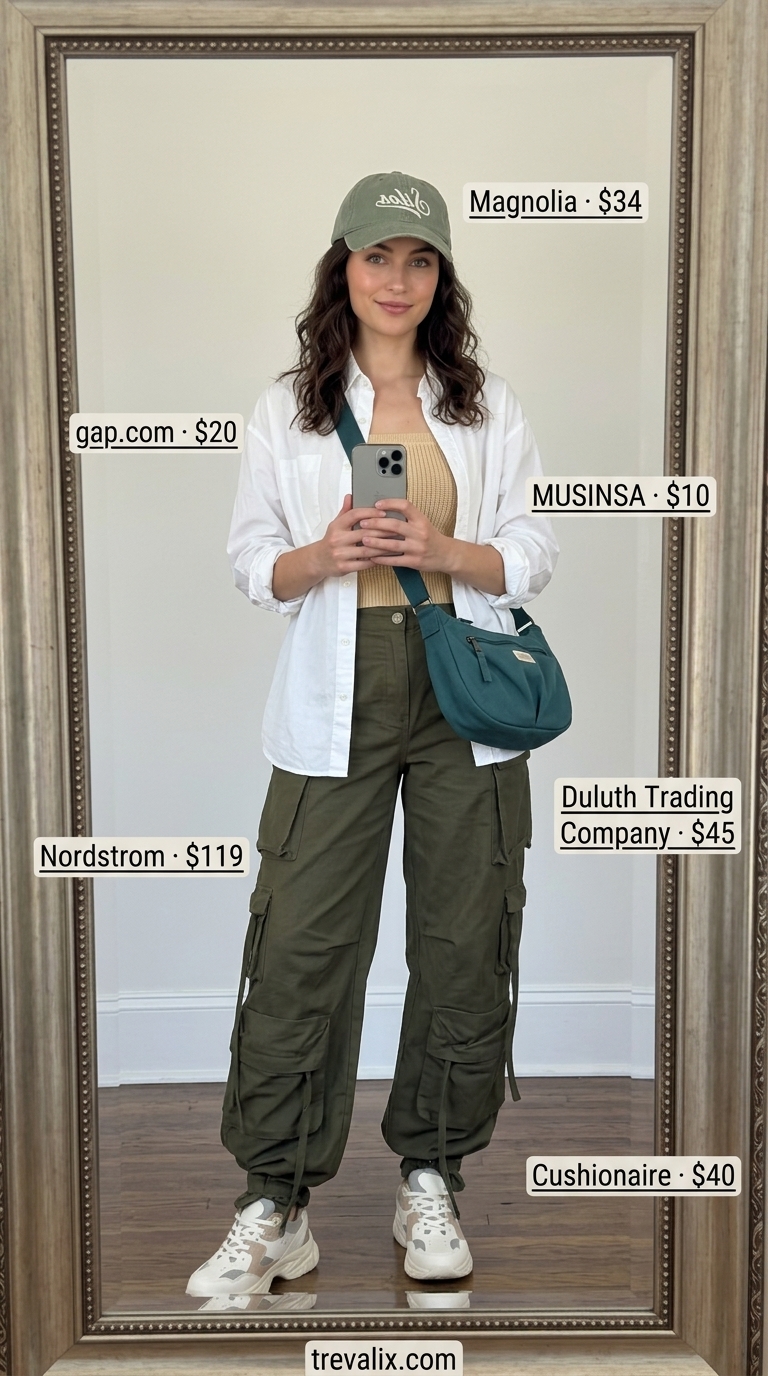 Beige tube top, olive green cargo pants, and oversized shirt for weekend casual or city exploring. Trendy summer tube top outfits 2026.