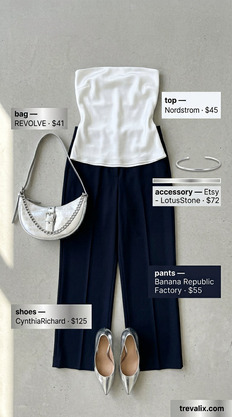 Trendy summer tube top outfits 2026: White satin tube top with navy wide-leg trousers and silver heels for a smart casual look.