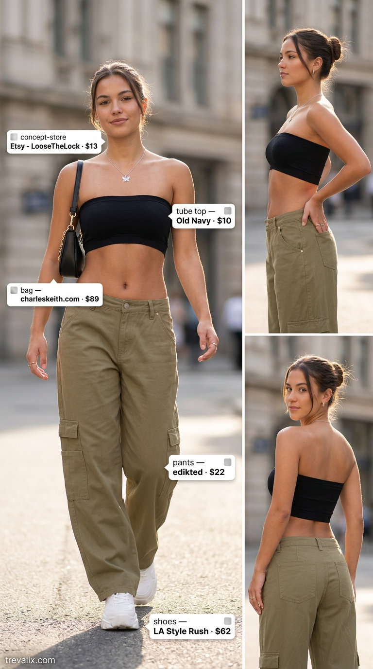 Y2K Vibes tube top outfit with khaki cargo pants and silver chain necklace. Trendy summer tube top outfits 2026.