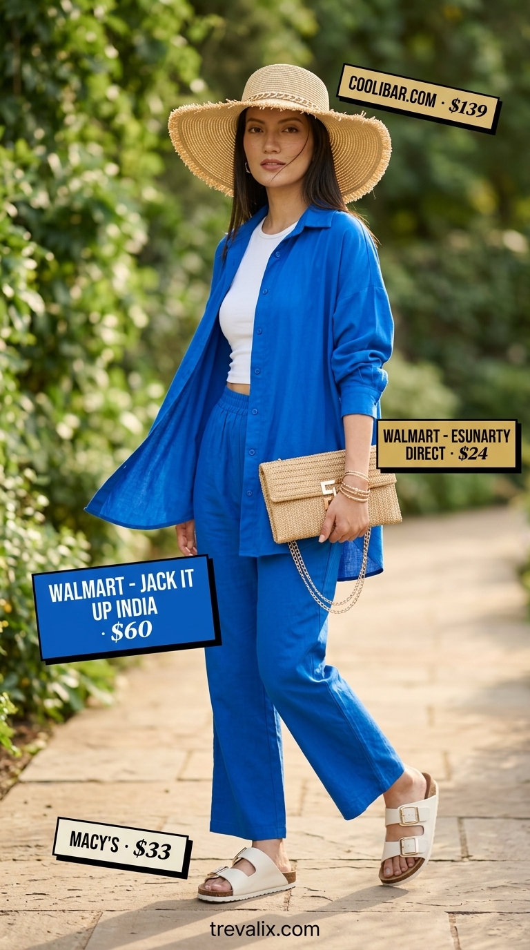 Resort Wear Outfits 2026 Versatile summer must have outfits for women 2026: Cobalt blue linen set, straw hat, gold earrings for resort wear.