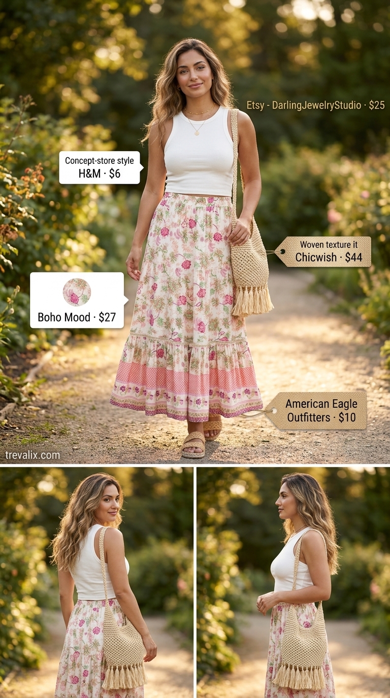 Bohemian Garden Party: Summer Outfits 2026 Versatile summer must have outfits for women 2026: Pink floral maxi skirt, white tank top, espadrilles, straw bag, and layered necklaces.