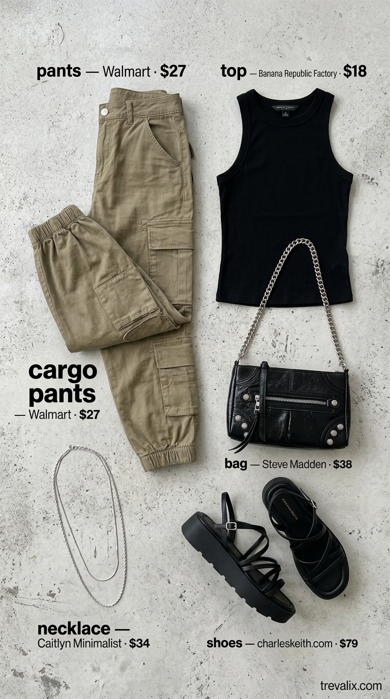 Edgy Summer Outfits 2026: Cargo Pants Khaki green cargo pants for versatile summer must have outfits for women 2026. Great for urban outings and casual evenings with a black tank.