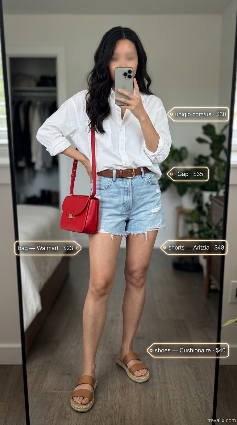 City Break Outfits 2026 Versatile summer must have outfits for women 2026: Denim shorts, white shirt, red bag for city break.