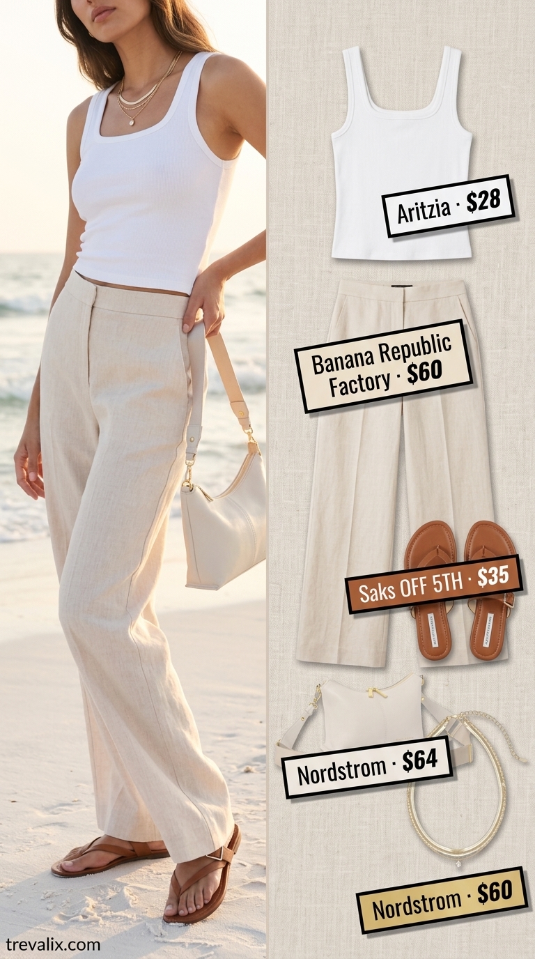 Coastal Brunch Outfits 2026 Versatile summer must have outfits for women 2026: Beige linen pants, white knit top, gold jewelry, tan sandals.