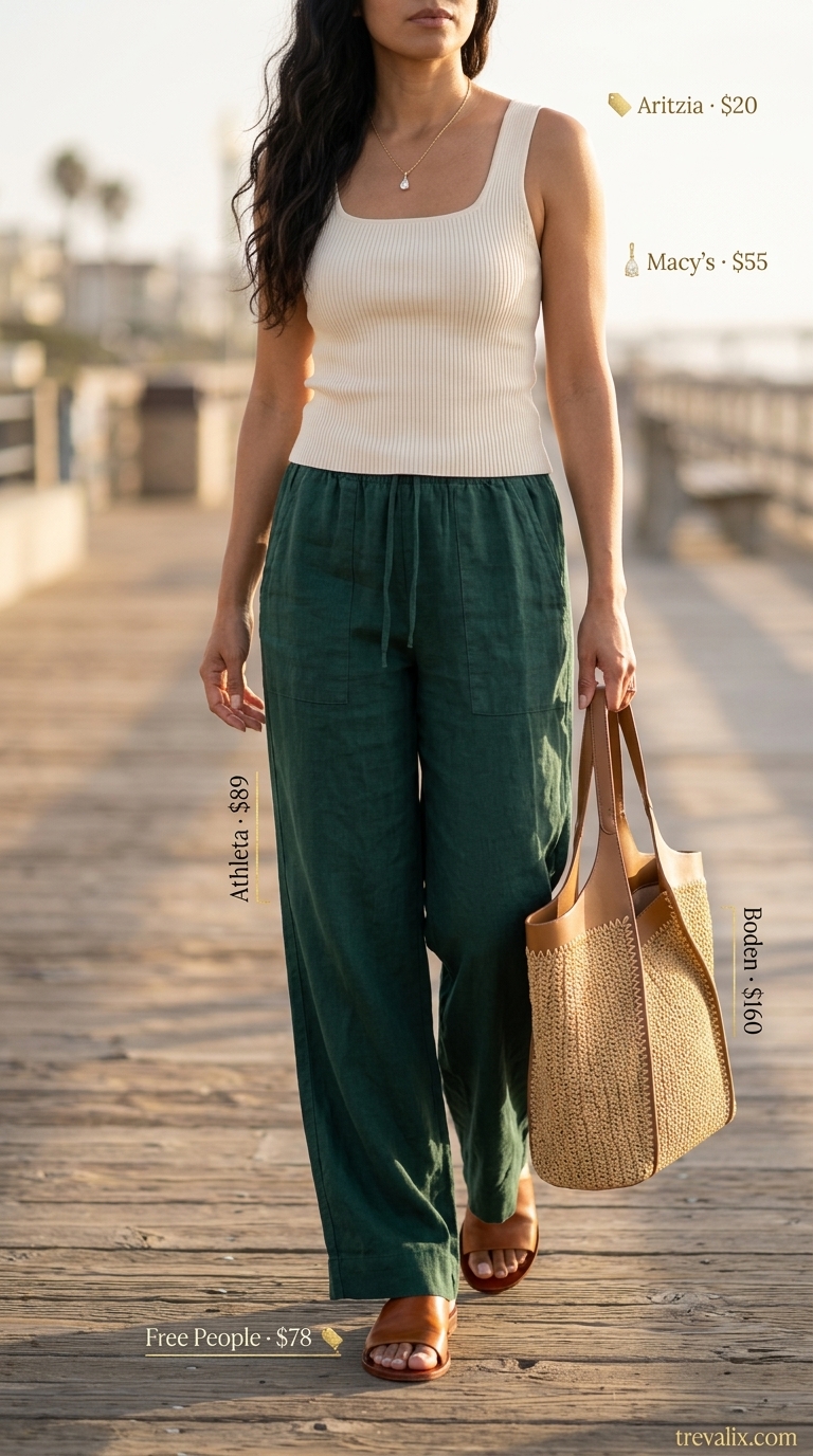 Beach Lunch Outfits 2026 Versatile summer must have outfits for women 2026: Sage green linen pants, cream knit top, straw bag for beach lunch.