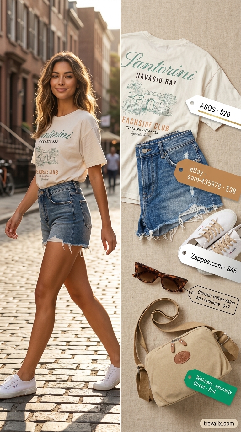 Effortless Weekend Explorer: Outfits 2026 Versatile summer must have outfits for women 2026: Denim shorts, graphic tee, canvas sneakers, crossbody bag, and sunglasses for casual exploring.