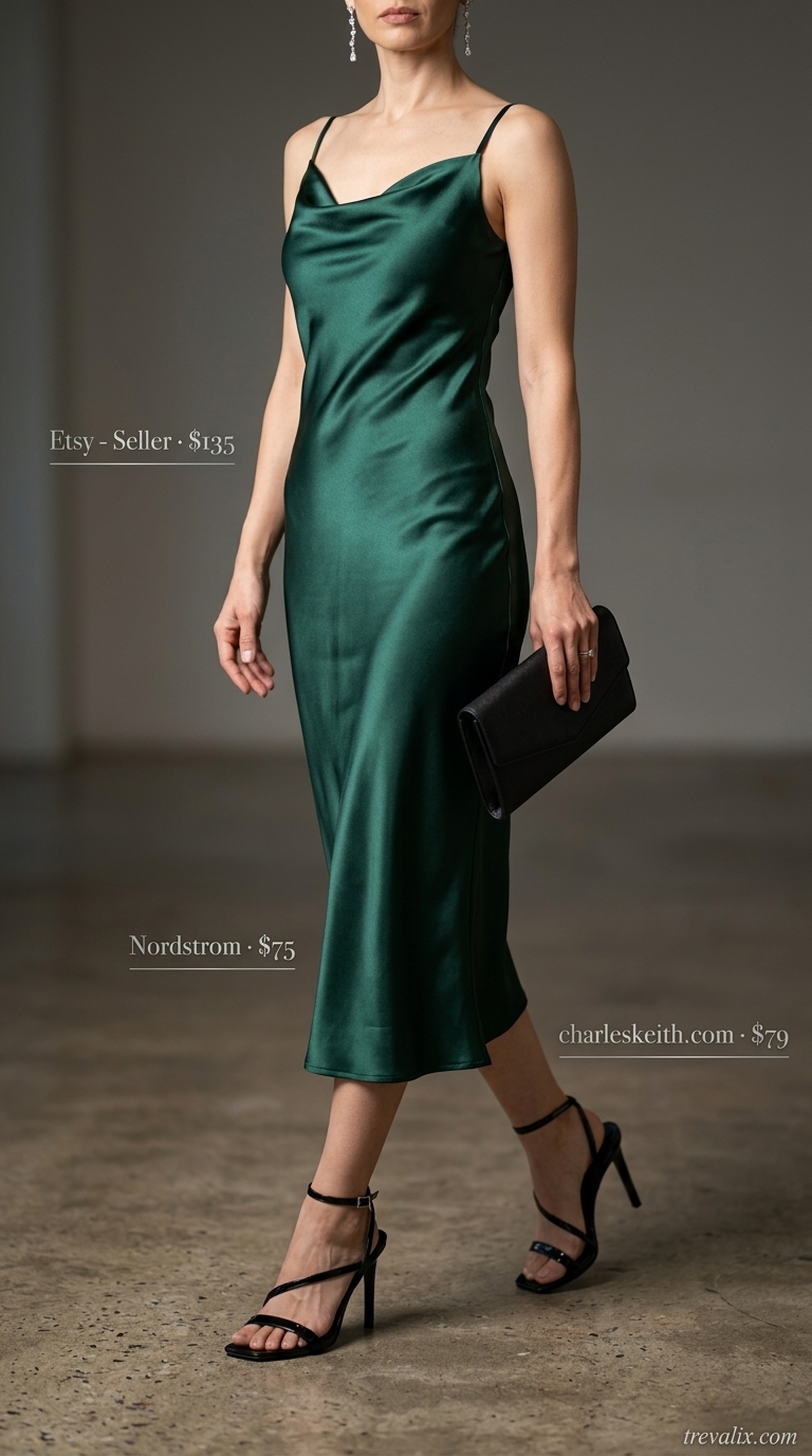 Evening Event Outfits 2026 Versatile summer must have outfits for women 2026: Emerald green slip dress, black heels, silver jewelry for evening.