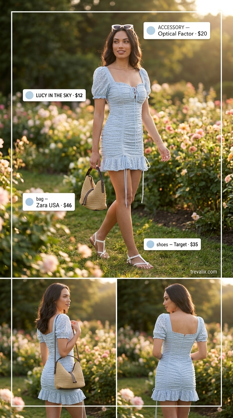 Sweet Summer Outfits 2026: Eyelet Dress Sky blue eyelet mini dress with puff sleeves, perfect for versatile summer must have outfits for women 2026. Styled with straw bag and white sandals.
