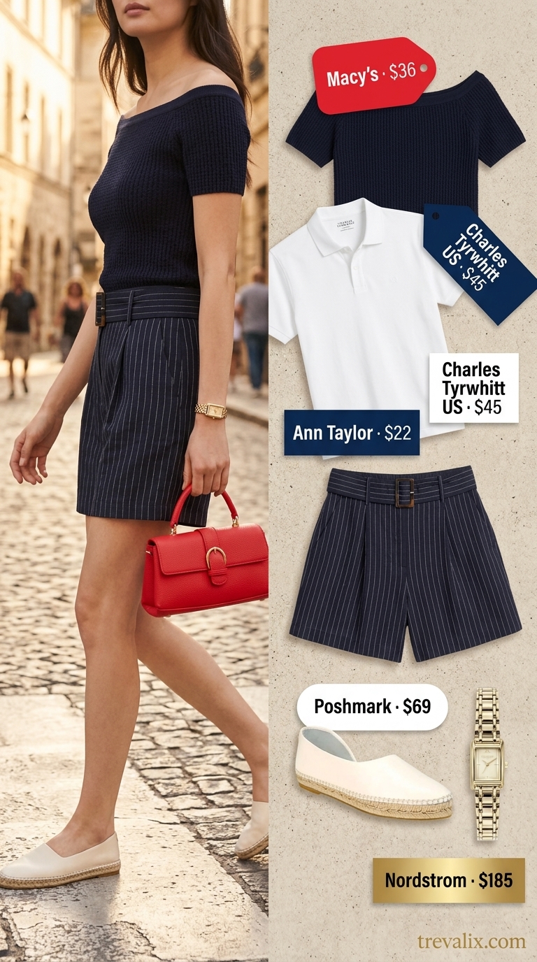 Sporty Summer Outfits 2026: Linen Shorts Navy blue linen blend tailored shorts for versatile summer must have outfits for women 2026. Perfect for errands and casual lunches with a white polo.