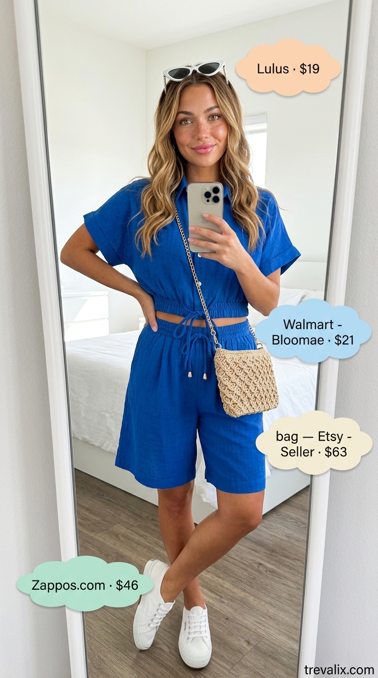 Playful Picnic Perfection: Summer Outfits 2026 Versatile summer must have outfits for women 2026: Sky blue linen set, white cat-eye sunglasses, raffia bag, and white sneakers for a picnic.