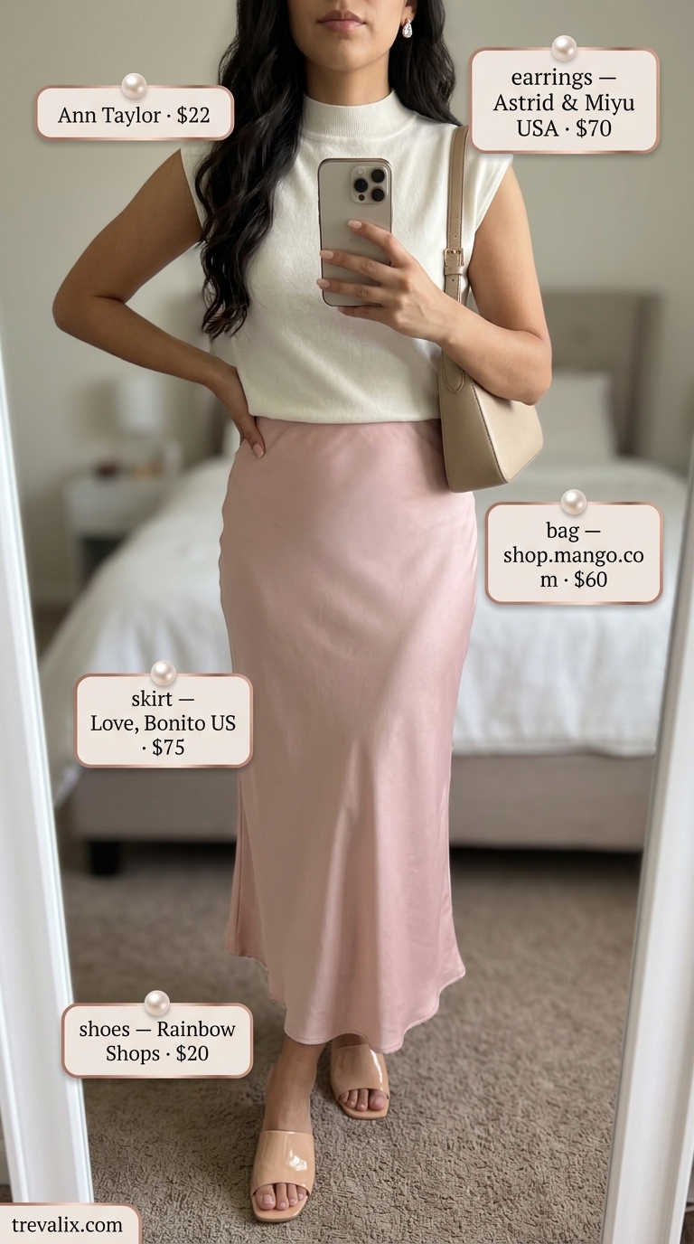 Romantic Summer Outfits 2026: Satin Skirt Blush pink satin slip midi skirt for versatile summer must have outfits for women 2026. Perfect for brunch and baby showers with a knit top.