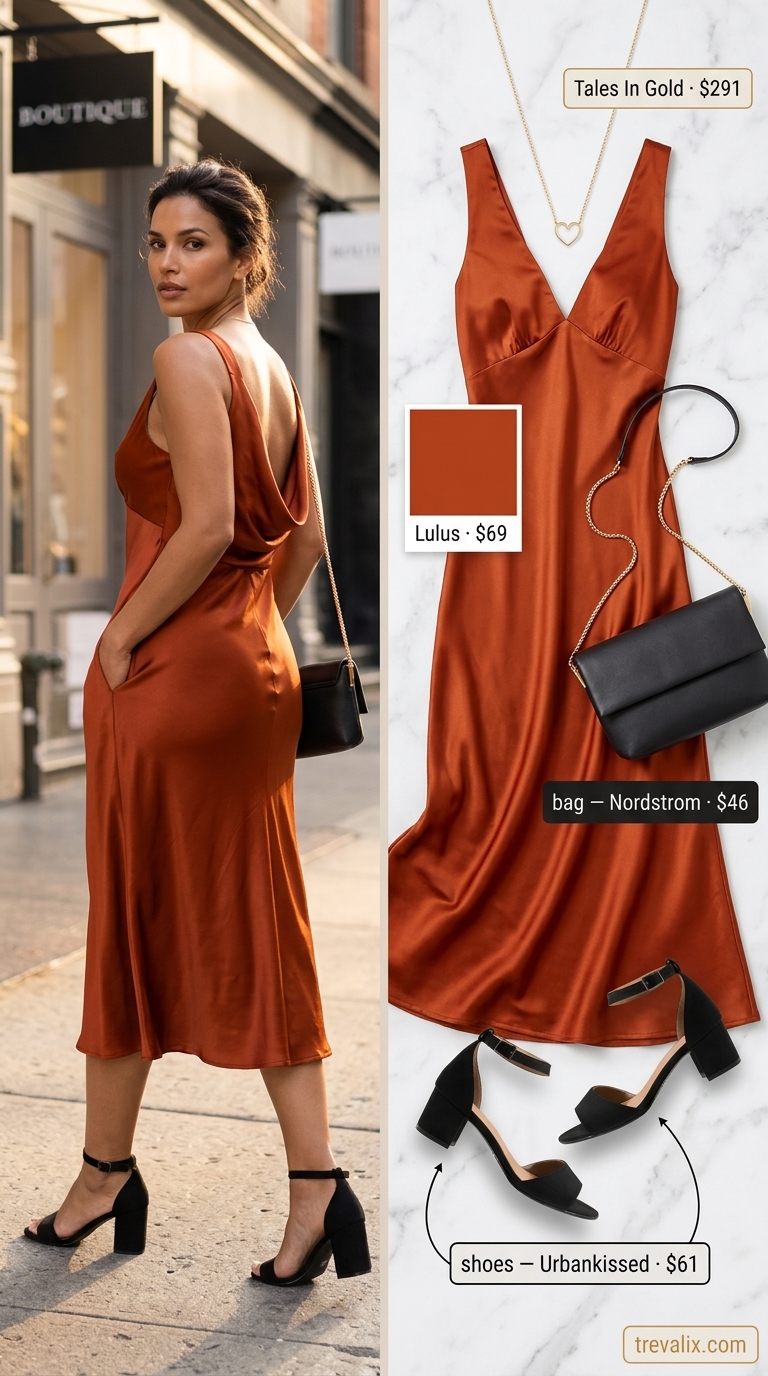 Sophisticated Summer Night: Outfits 2026 Versatile summer must have outfits for women 2026: Rust satin slip dress, black block heels, gold necklace, and shoulder bag for date night.