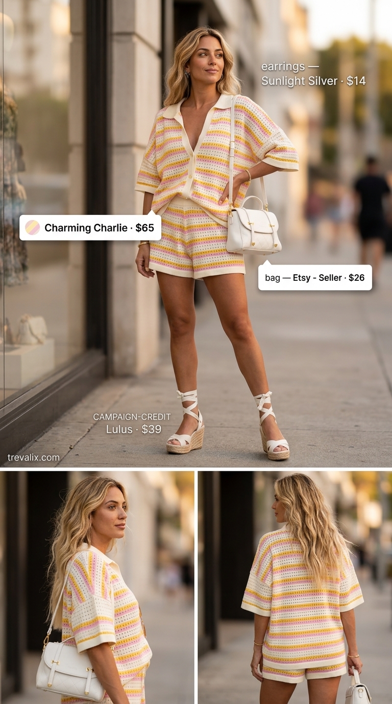 Brunch Summer Outfits 2026: Stripe Set Pastel stripe matching set (cropped top & shorts) for versatile summer must have outfits for women 2026. Ideal for brunch and day parties.