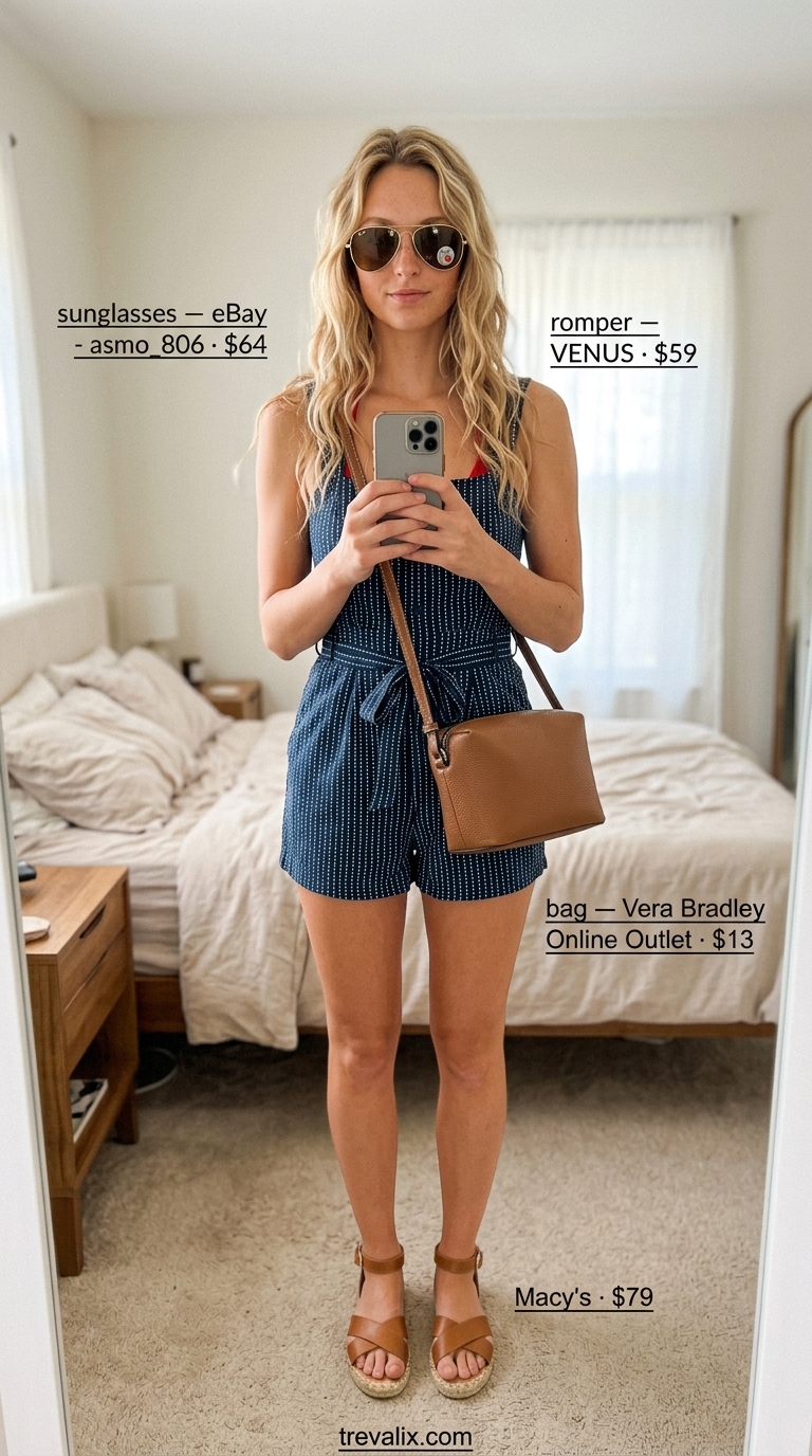 Nautical Summer Outfits 2026: Striped Romper Navy and white stripe romper, a chic option for versatile summer must have outfits for women 2026. Ideal for seaside trips and casual lunches.