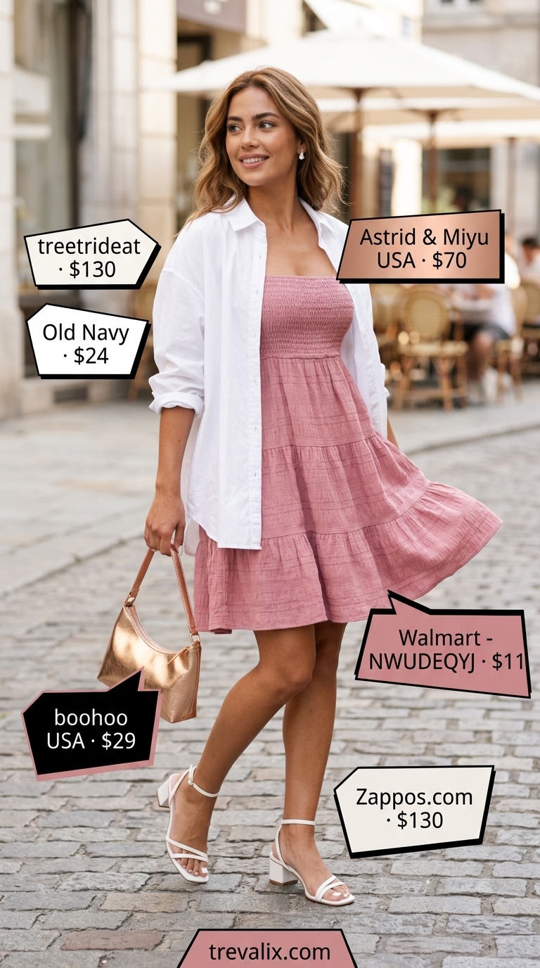 Summer Date Night Outfits 2026 Versatile summer must have outfits for women 2026: Pink sundress, white shirt, rose gold accessories for date night.