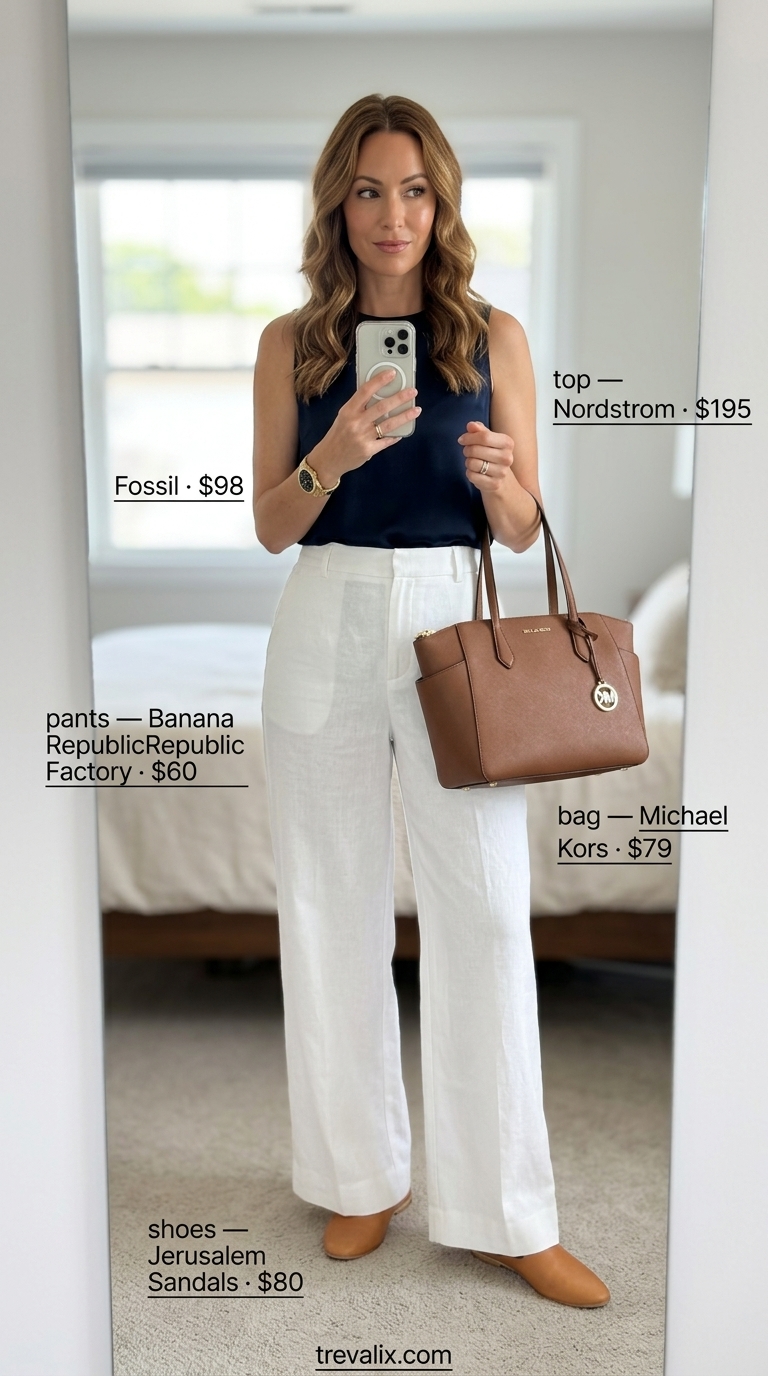 Summer Office Outfits 2026 Versatile summer must have outfits for women 2026: White wide-leg pants, navy silk blouse, tan mules for summer office.