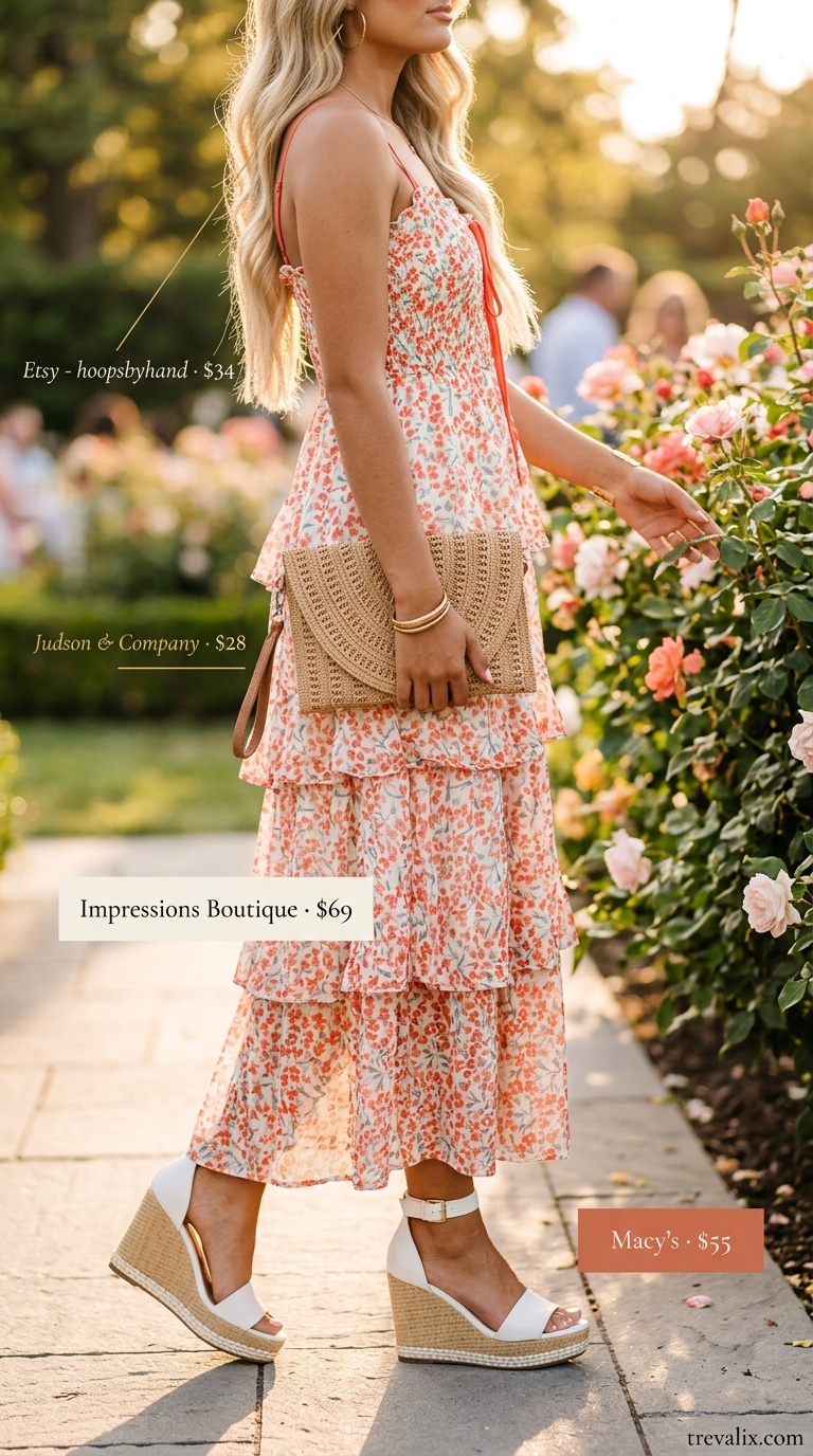 Sunset Boho Soiree: Summer Outfits 2026 Versatile summer must have outfits for women 2026: Coral floral midi dress, espadrille wedges, straw bag, and gold earrings for garden parties.