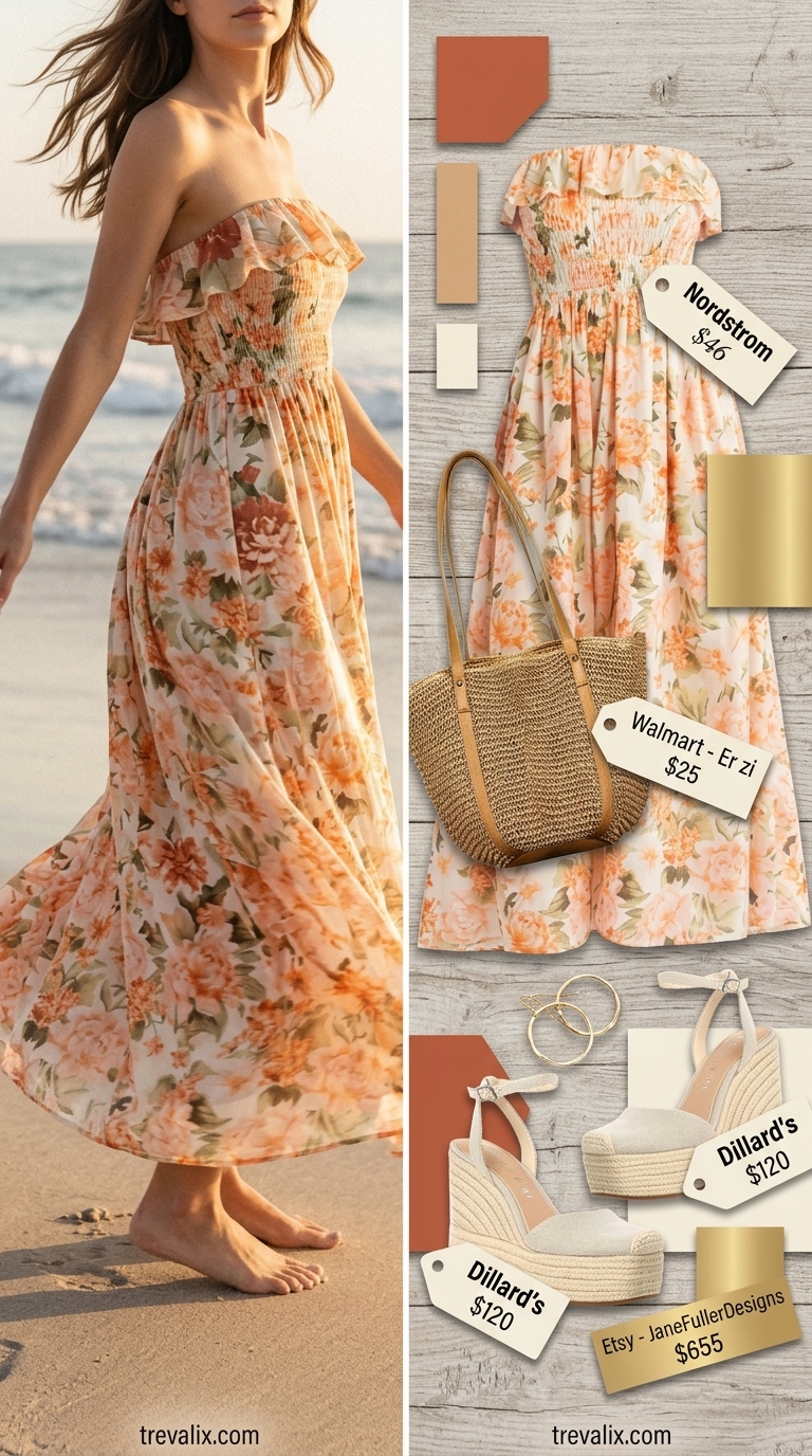 Sunset Serenade Maxi: Summer Outfits 2026 Versatile summer must have outfits for women 2026: Terracotta floral maxi dress, jute espadrilles, straw crossbody bag, and gold hoops for vacation.