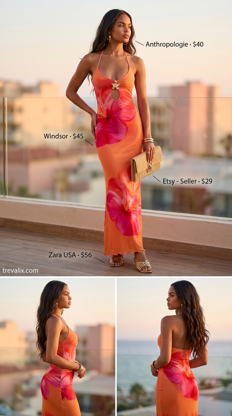 Tropical print maxi dress for versatile summer must have outfits for women 2026. Perfect for resort vacations and beach dinners with gold sandals.