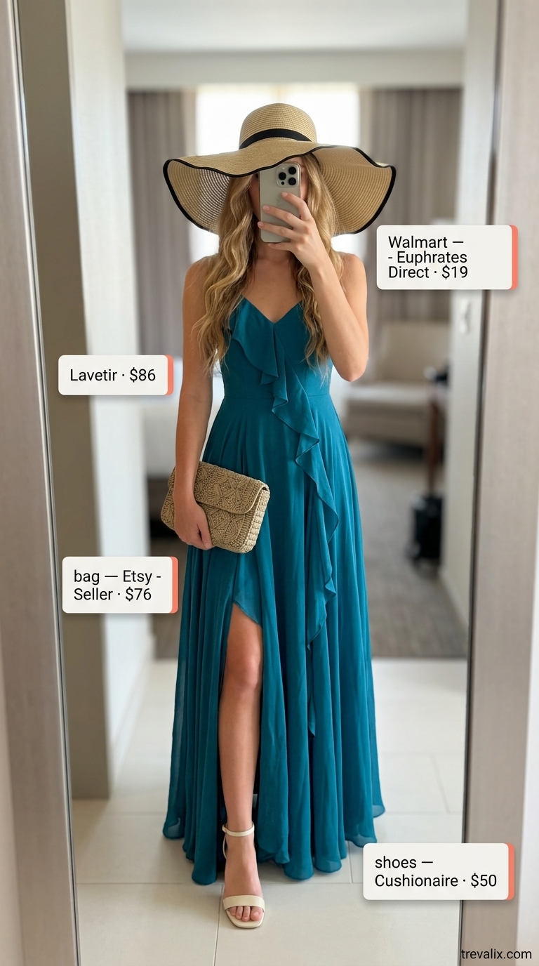 Tropical Resort Glam: Summer Outfits 2026 Versatile summer must have outfits for women 2026: Teal maxi dress, raffia clutch, gold hoops, and straw hat for resort dinner.