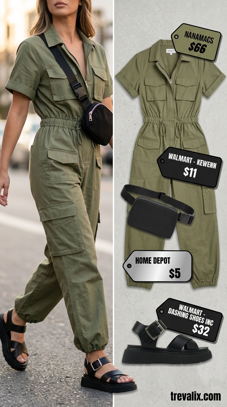 Urban Safari Jumpsuit: Summer Outfits 2026 Versatile summer must have outfits for women 2026: Olive utility jumpsuit, chunky sandals, aviator sunglasses, and belt bag for city adventures.