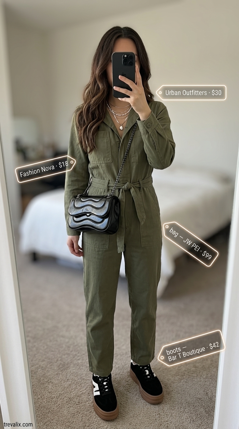 Casual Day Out Outfits 2026 Versatile summer must have outfits for women 2026: Khaki utility jumpsuit, platform sneakers, crossbody bag for casual day.