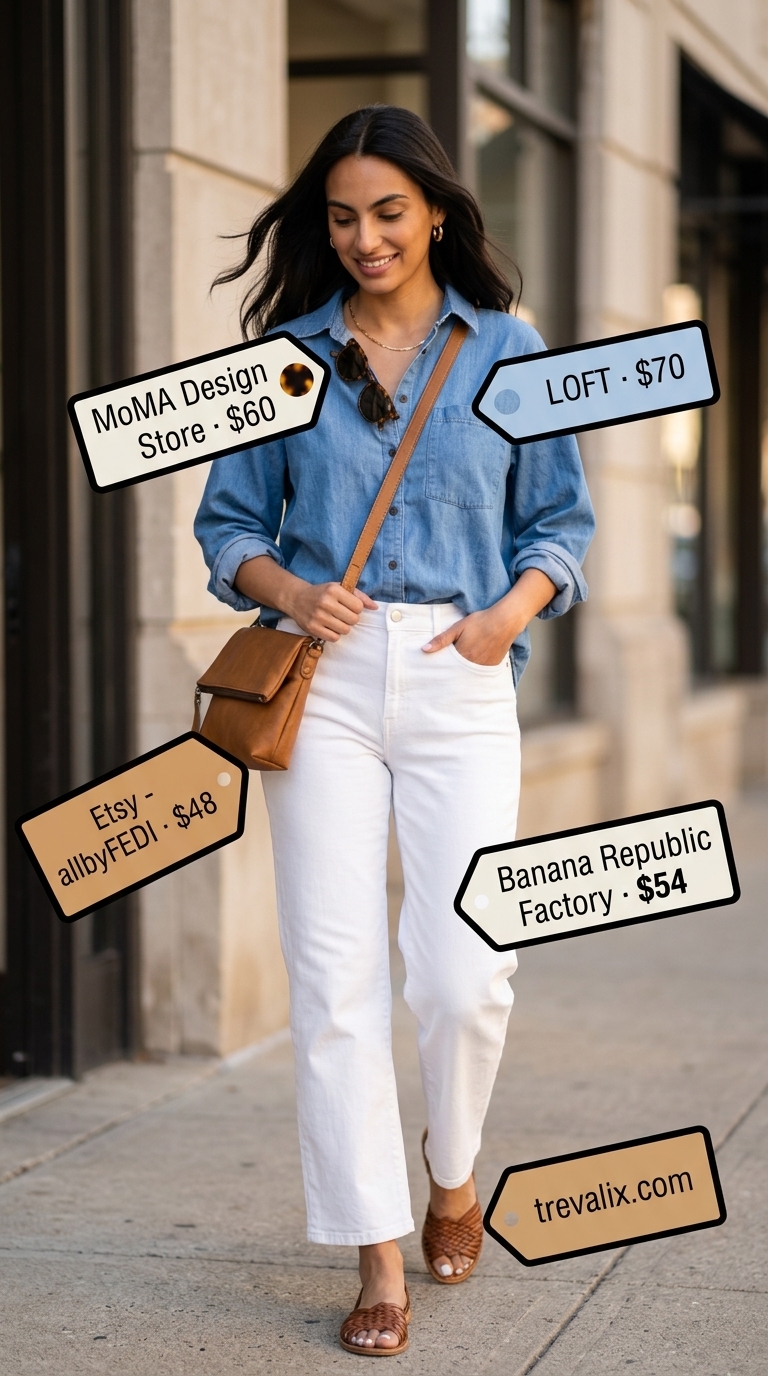 Weekend Whiteout: Versatile Summer Outfits 2026 Versatile summer must have outfits for women 2026: White jeans, chambray shirt, tan slides, and crossbody bag for casual weekend wear.