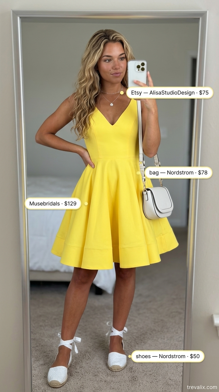 Cheerful Summer Outfits 2026: Yellow Dress Sunny yellow A-line mini dress for versatile summer must have outfits for women 2026. Great for daytime outings and park strolls with white accessories.