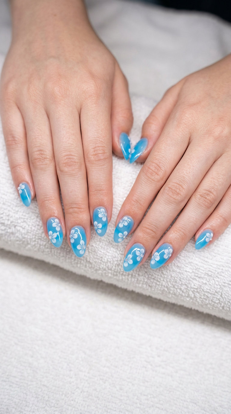 Almond summer nails 2026 for fair skin: Vibrant baby blue jelly with encapsulated white floral elements.