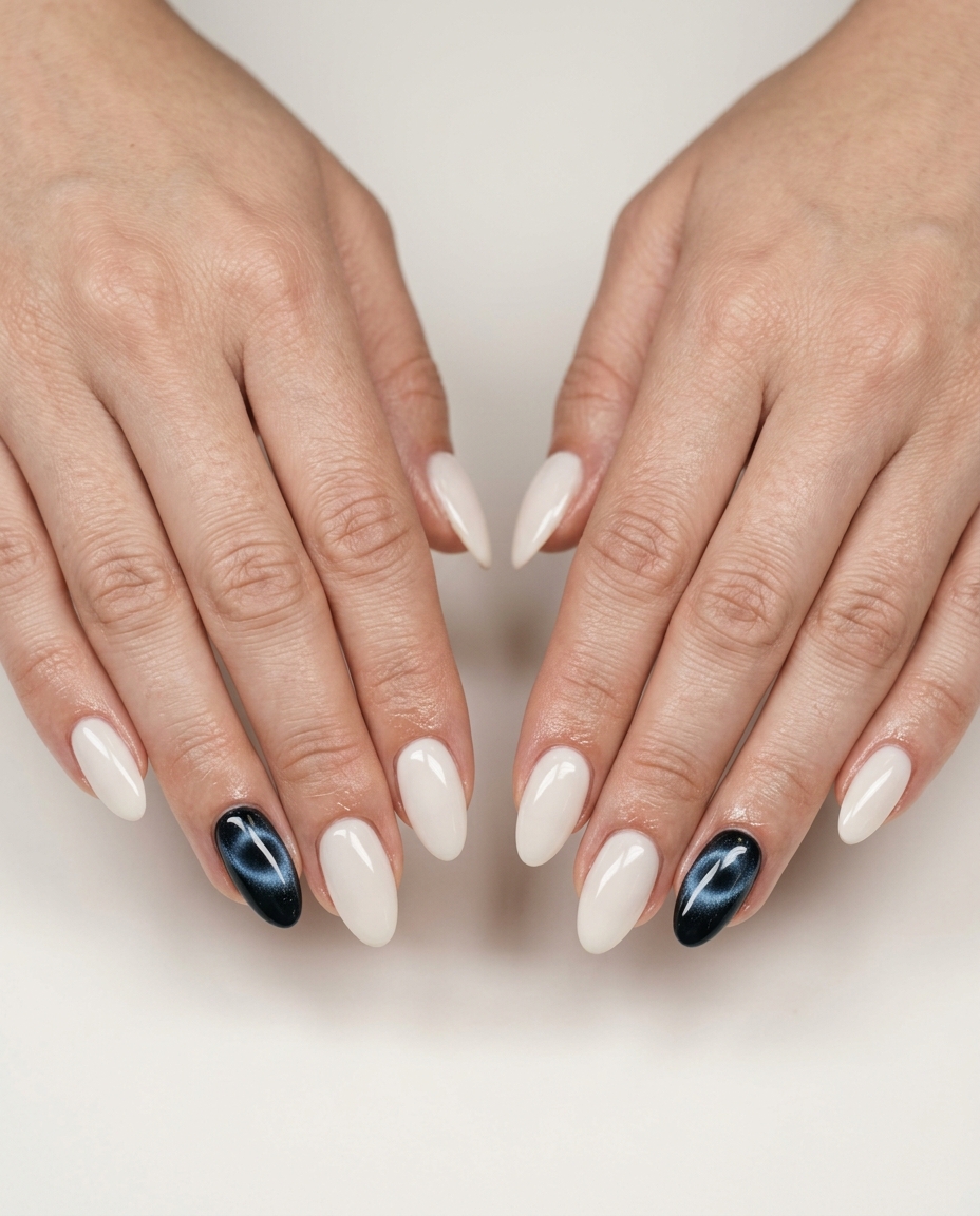 Almond summer nails 2026 for fair skin: Milky white with a chic blue cat-eye accent nail.