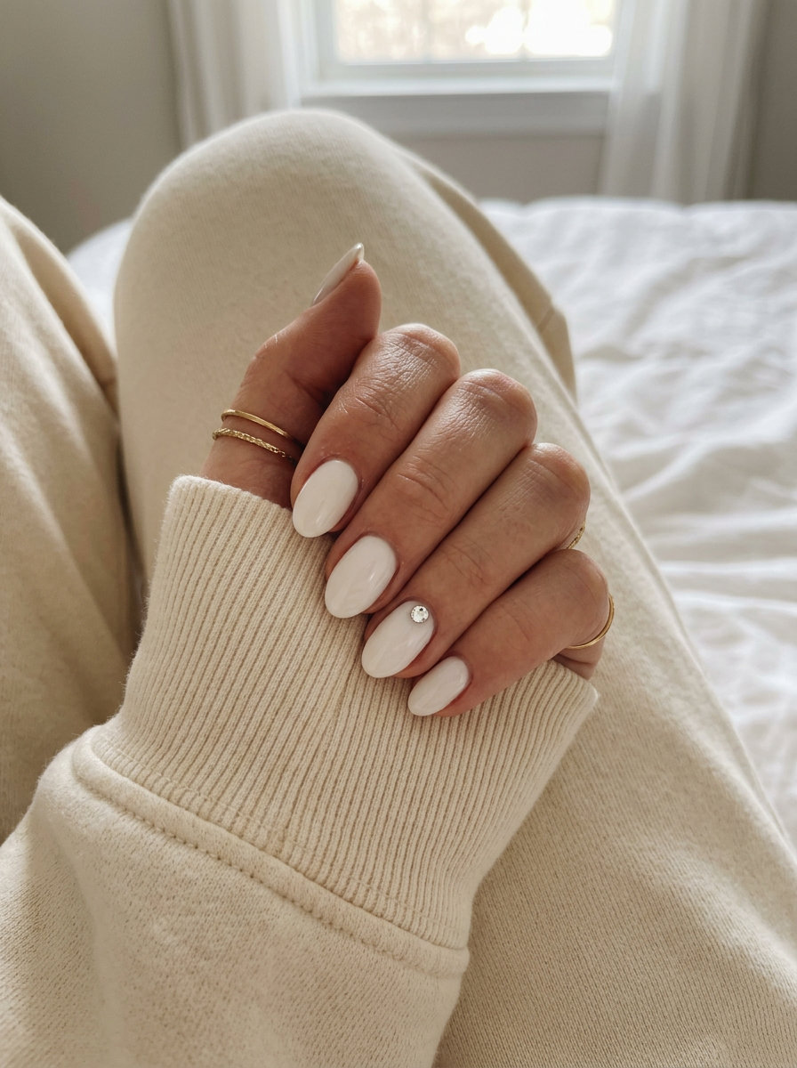 Almond summer nails 2026 for fair skin: Milky white gel with a single crystal rhinestone accent on the ring finger.