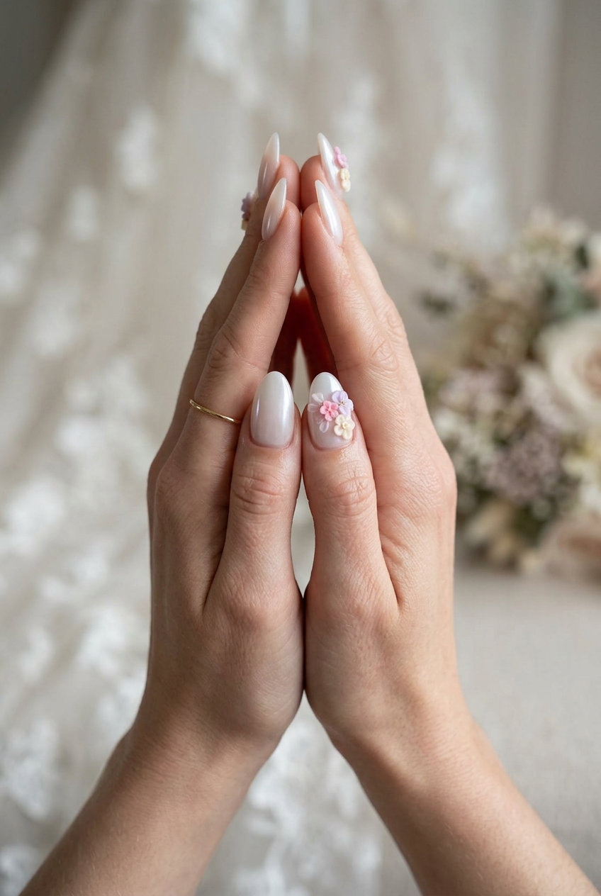 Almond summer nails 2026 for fair skin: Sheer white with delicate 3D pastel floral charms.