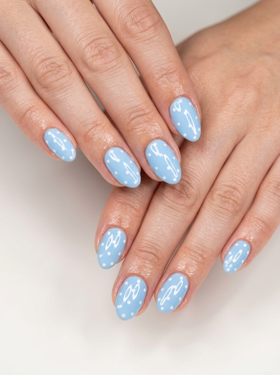 Almond summer nails 2026 for fair skin: Playful baby blue with crisp white polka dots.