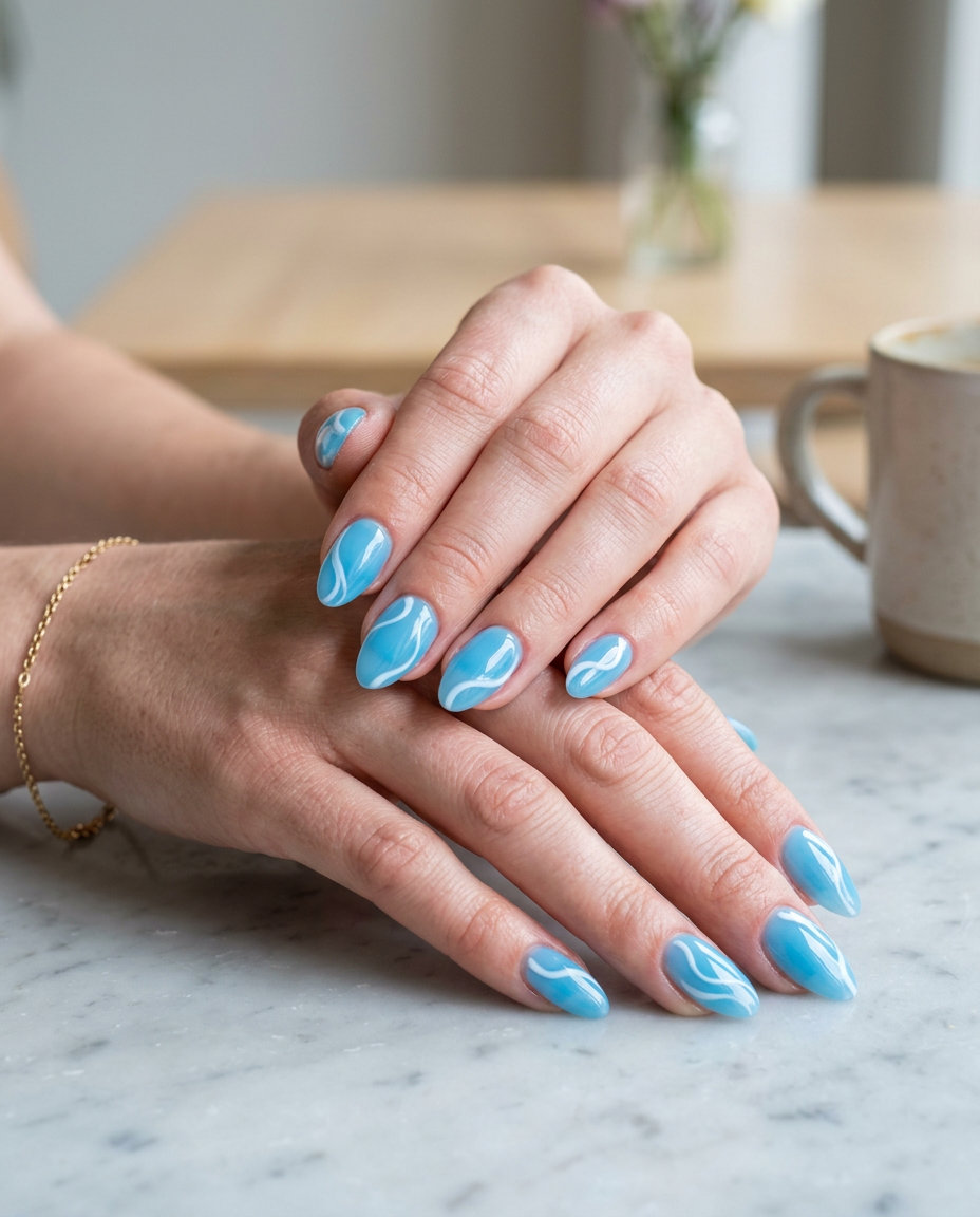 Jelly Baby Blue Almond Swirls for almond summer nails 2026 for fair skin, great for casual outings.