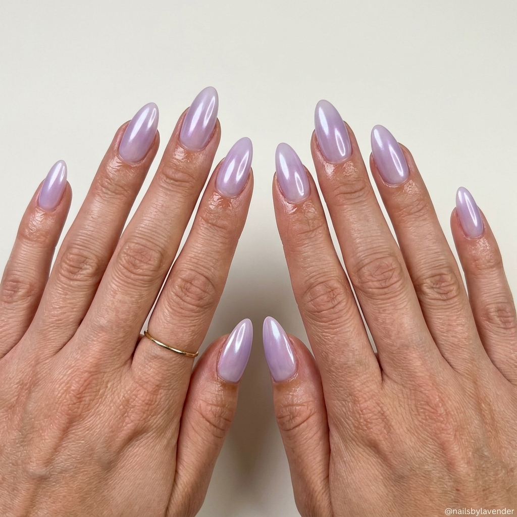 Lavender glazed almond aura nails for fair skin, perfect for date nights and summer events.