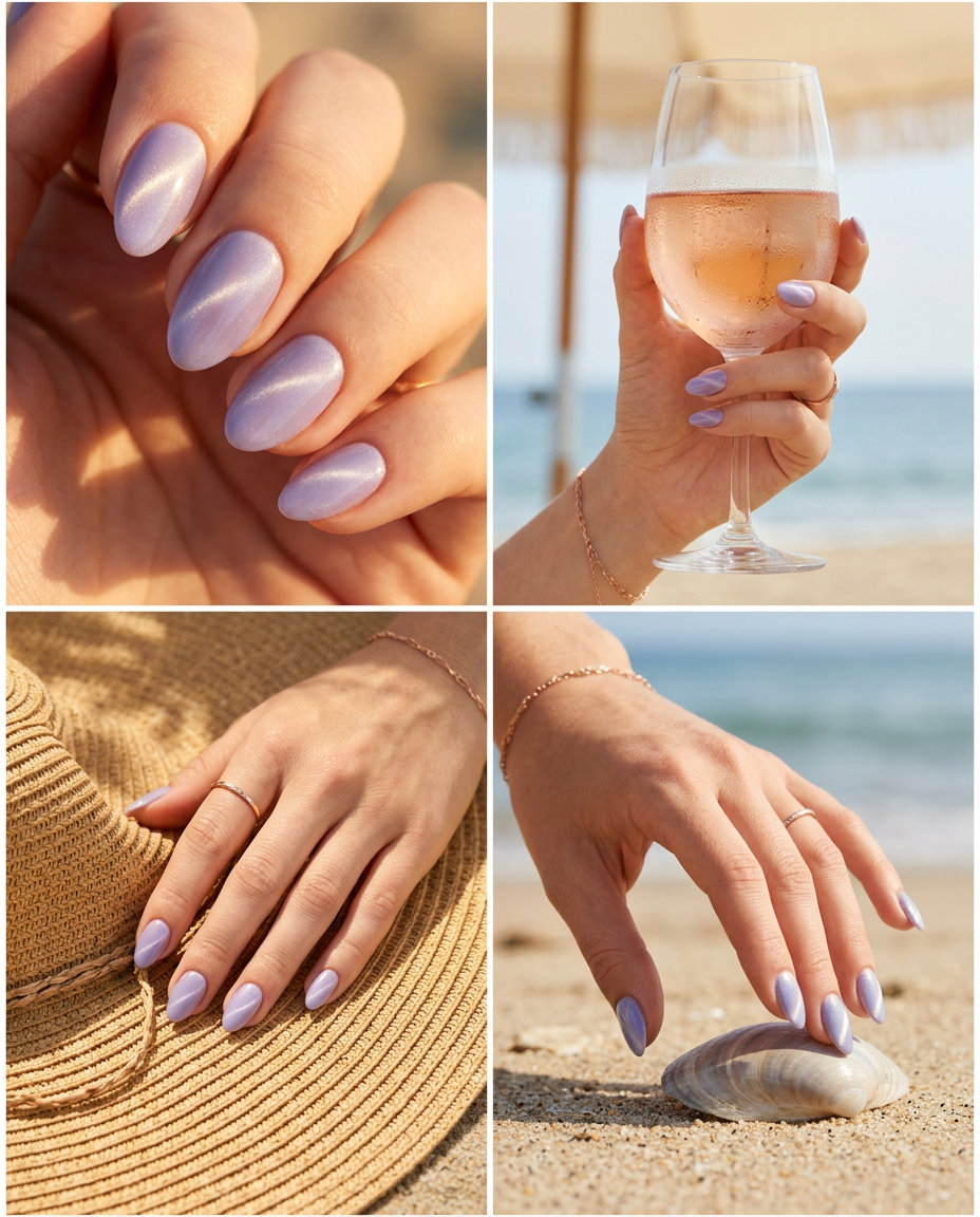 Mystic cat-eye lavender almond nails for fair skin, perfect for date nights and evening events.