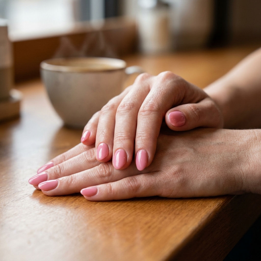Pale peach glossy almond nails for fair skin, perfect for daily wear and work. Clean-girl style.